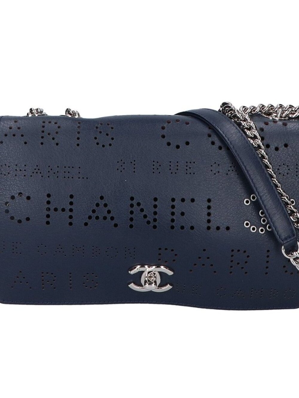 Chanel Perforated Logo Single Flap Chain Bag Navy